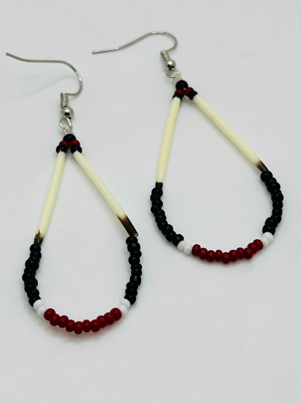 Beaded Porcupine Quill Earrings Red Black White - Handmade